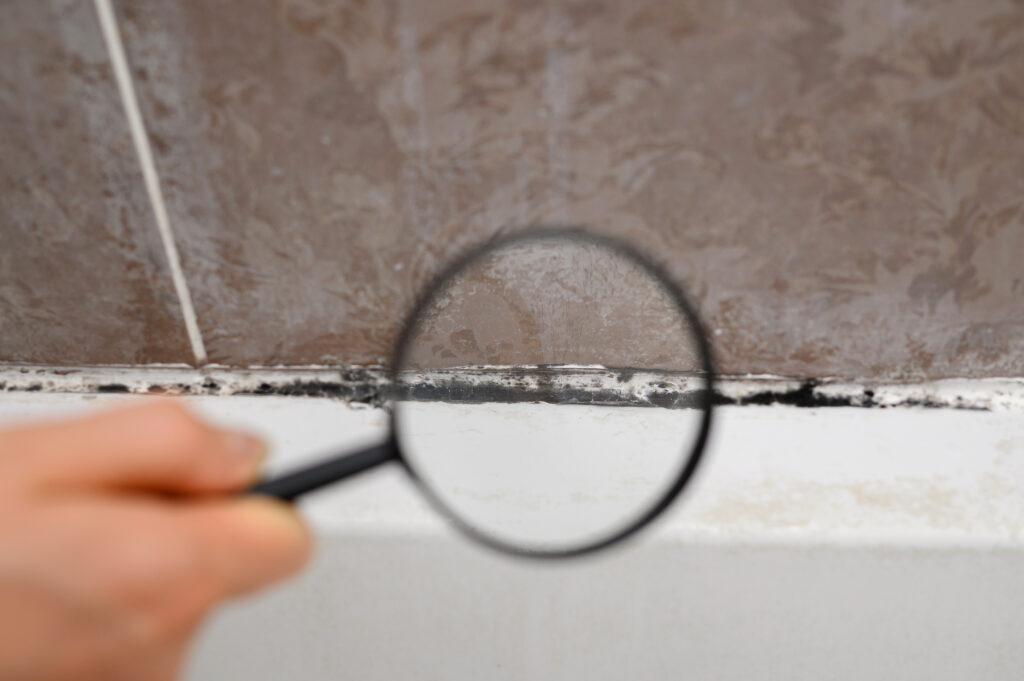 Inspecting bathroom tile mold with a magnifying glass.